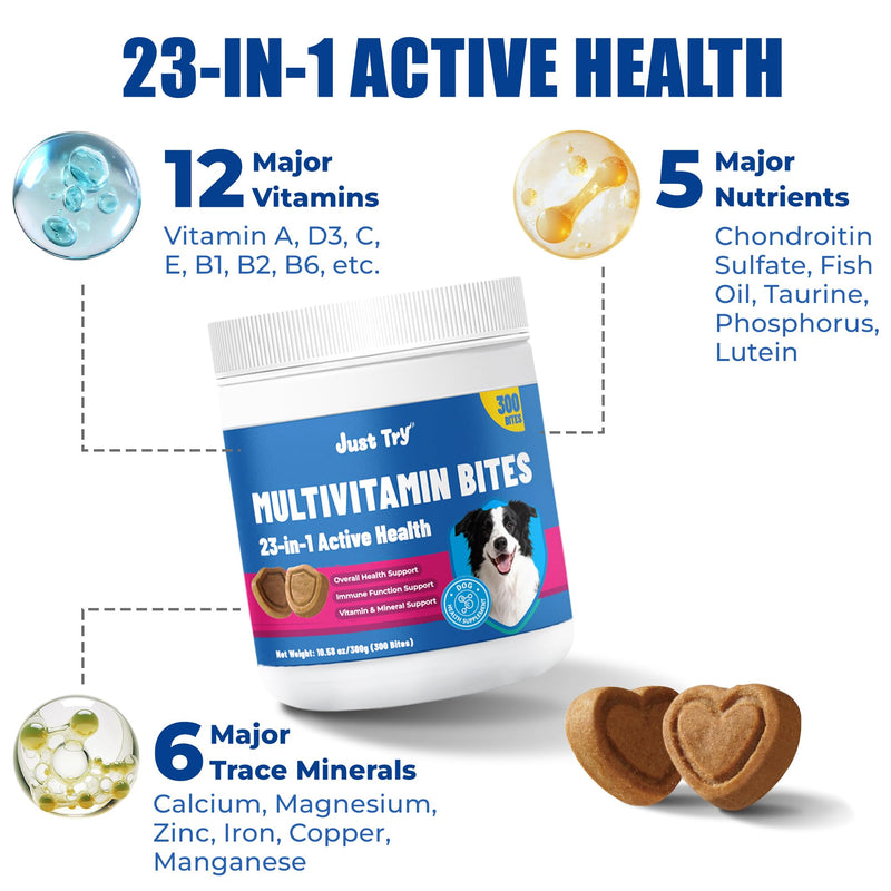 Just Try Taurine for Dog Bites 23-in-1 Multivitamin Chondroitin Sulfate for Joint Health, Omega-3 for Skin Support Dog Vitamins Supplements-10.58oz