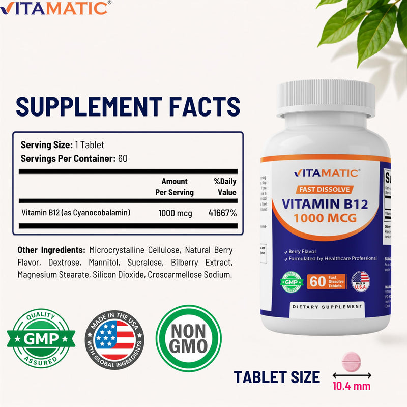 Vitamatic Vitamin B12 1000 mcg Fast Dissolve – 60 Tablets – Natural Berry Flavor – Supports Energy Metabolism & Nervous System Health 60 Count (Pack of 1)