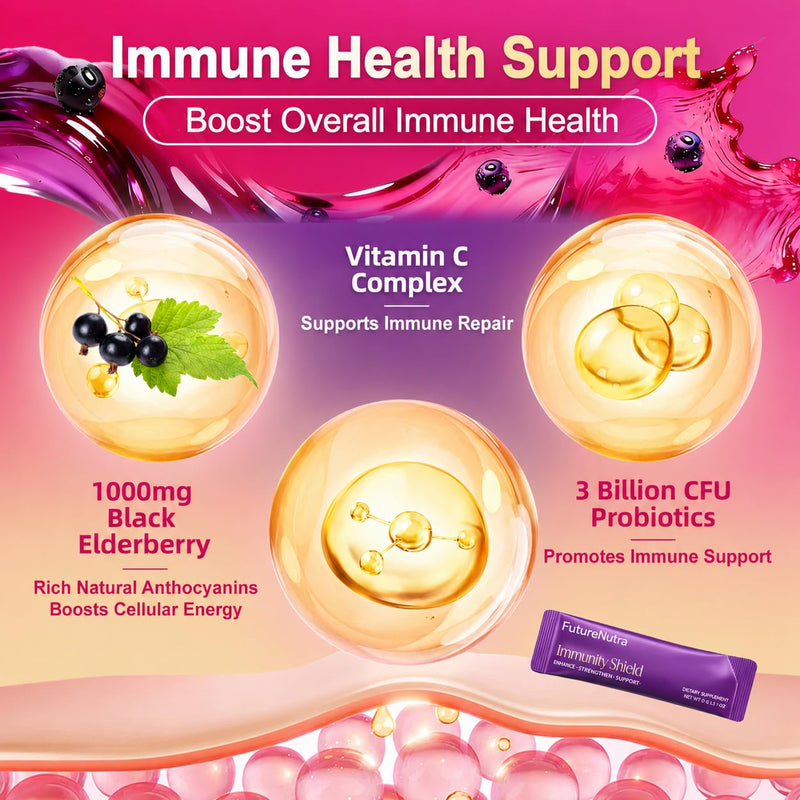Immune Support Powder for Daily Defense - 1000mg Black Elderberry + 1000mg Vitamin C with Vitamin D3, Zinc, Calcium Blend - Multi-Immune Defense Formula, 30 Packets