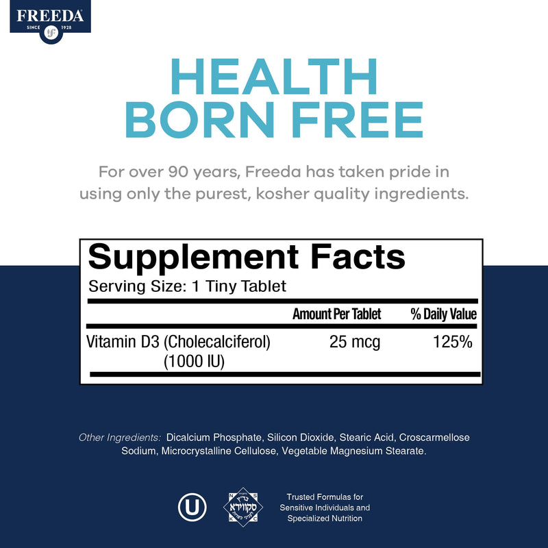 FREEDA Vitamin D3-1000 IU - Pure High Potency Kosher Supplement Tablets - Bone and Muscle Health, Calcium Absorption, Immune Support for Men and Women* - 100 Count | Supports Bone, Muscle & Immune Health – Helps Calcium Absorption – Easy-to-Swallow Tin...