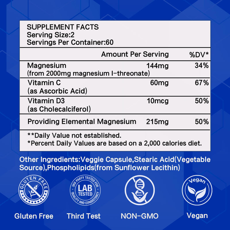 Magnesium L-threonate Supplement，Magnesium Threonate with Vitamin C &D3 | 2000mg High-Absorption Max Potency,Support Clarity,Zzz &Immune,Non-GMO & Gluten Free,120 Capsules (Pack of 1)