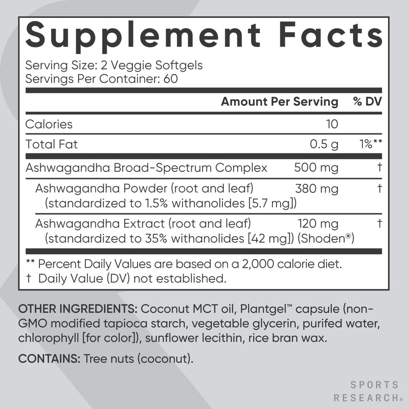 Sports Research¬Æ Ashwagandha Softgels with Coconut MCT Oil - Natural Ayurvedic Adaptogen Made with Shoden¬Æ Ashwa for Relaxation, Calm & Sleep Support - Gluten Free & Vegan Friendly - 120 Count 120 Count (Pack of 1)