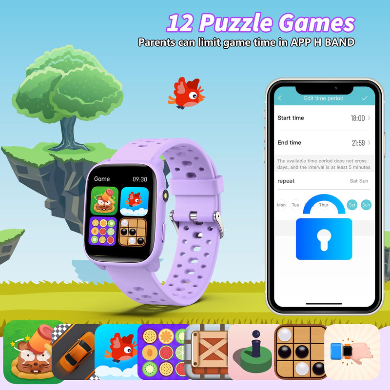 Smart Watch for Kids, 1.83" Fitness Tracker Watch Pedometer, Heart Rate, Sleep Monitor, IP68 Waterproof, Pedometer, Puzzle Games with/Without APP for Girls Boys Teens 6-16 Purple