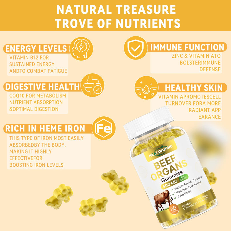 Beef Organ Supplement for Women：Grass Fed Beef Organ Gummies Supplement, Wellness with Liver Heart Kidney Pancreas Spleen Supports Women's Overall Energy and Health Non-GMO(60 Gummies)