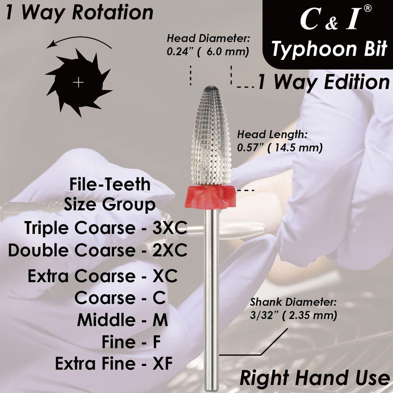 C & I Nail Drill Typhoon Style Efile for Electric File Machine, 1 Way Sharp File-Teeth for Acrylic Gel Nails Remove, Manicure Tools for Nail Techs Use, Right Hand Use Only (Double Coarse -XXC) Double Coarse -XXC - BeesActive Australia