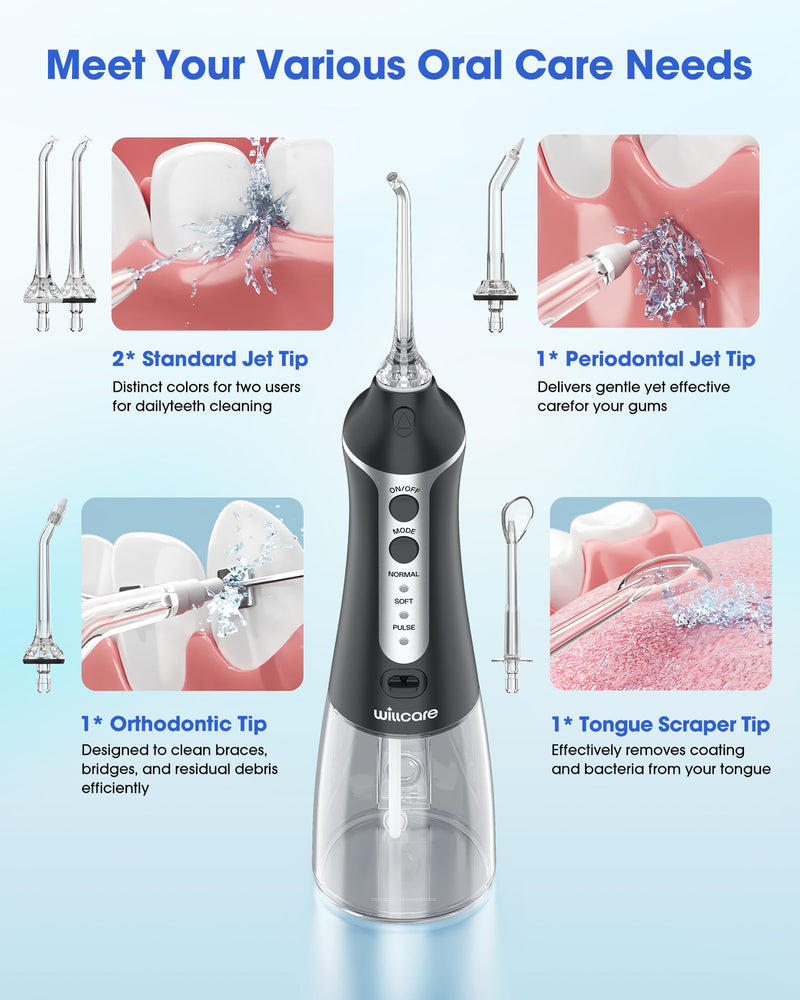 Water Dental Flosser, Portable Oral Irrigator with 300ML Water Tank, IPX7 Waterproof, Rechargeable, 4 Modes for Deep Teeth Cleaning, Travel-Friendly (Black) Black - BeesActive Australia
