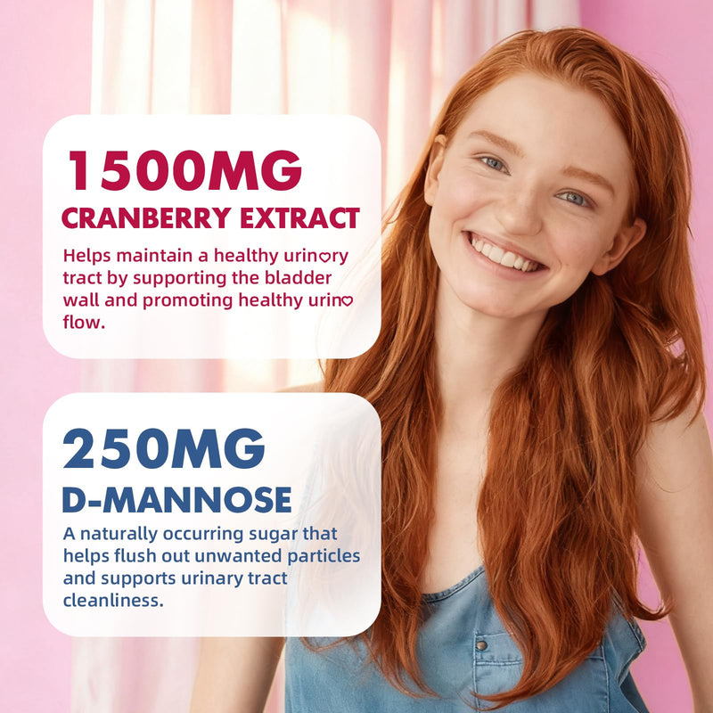 Vegan Cranberry Gummies with D Mannose - Supports Urinary Tract Health for Women & Men, Sugar-Free, Non-GMO and Gluten Free, Strawberry Flavor, 60 Count 60 Count (Pack of 1)