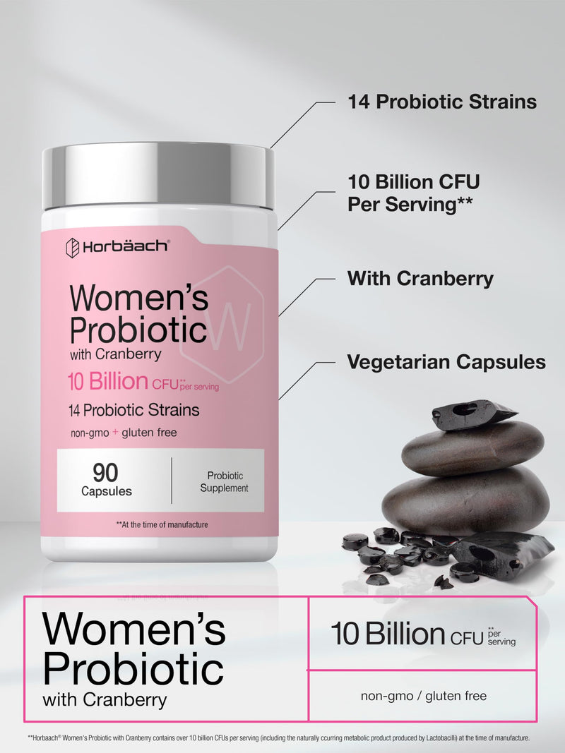 Horbäach Women's Probiotic with Cranberry Supplement | 10 Billion CFU | 14 Probiotic Strains | 90 Capsules | Non GMO, Gluten Free