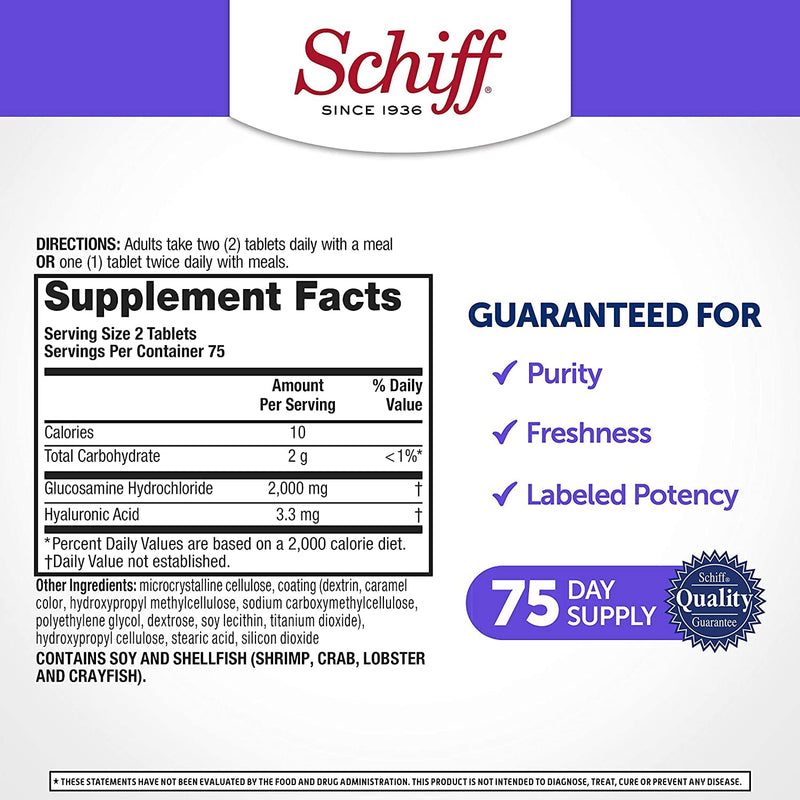 Schiff Glucosamine with Hyaluronic Acid, 2000mg Glucosamine, Joint Care Supplement Helps Lubricate & Protect Joints*, 150 Count (Pack of 2) no artificial flavors 150 Count (Pack of 2) - BeesActive Australia