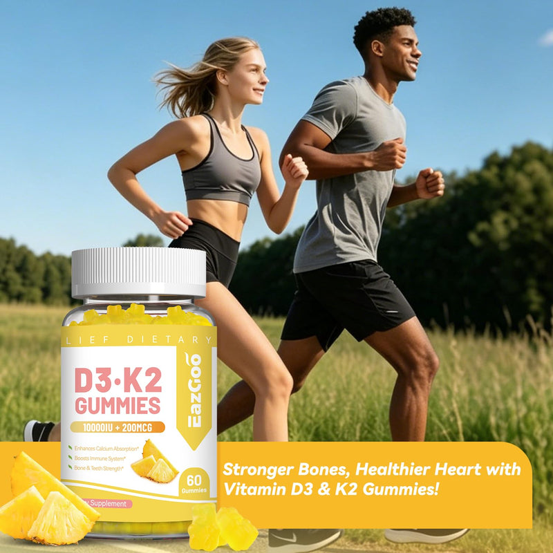 Vitamin D3 K2 Gummies - 10000IU D3 + 200mcg K2 (MK-7) - 60 Count | Sugar Free, with Calcium Citrate & Vitamin B12, Vegan, Non-GMO, Gluten Free