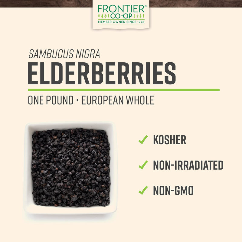 Frontier Co-op Dried Elderberries, 1lb Bulk Bag, European Whole | Kosher and Non-GMO Elderberry Dried Fruit for Powder, Tea, Immune Support 1 Pound (Pack of 1)
