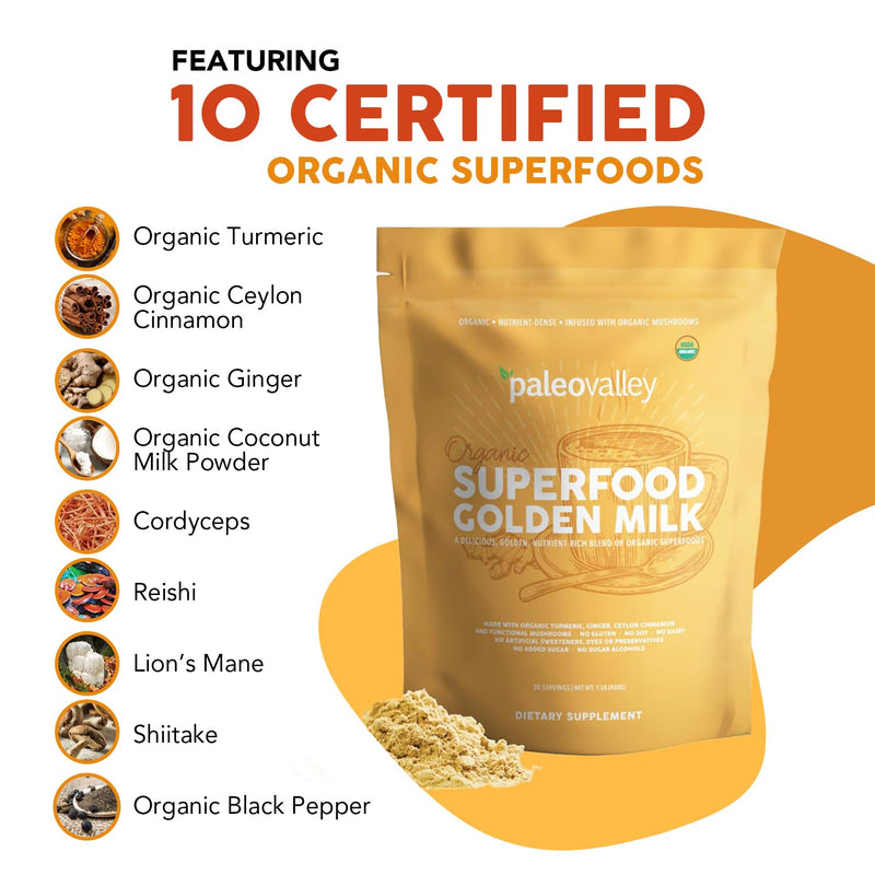 Paleovalley Organic Superfood Golden Milk - Immune, Focus, Cognitive, Longevity - Turmeric, MCT-Rich Coconut Milk, Functional Mushrooms, 28 Servings