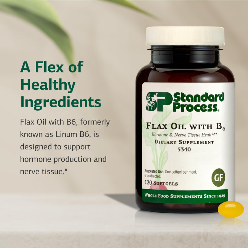 Standard Process Inc. Flax Oil with B6 - Supplement for Hormone & Nerve Tissue Support - Brain, Heart & Skin - Gluten-Free, Non-Dairy & Non-Soy - 120 Softgels (120 Servings)