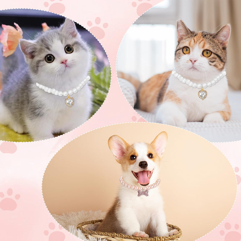 2 Pcs Cat Dog Collars,with Rhinestone Bones,Heart Shape Rhinestone Pet Necklace,Dog Pearl Necklace Collar Cats and Dogs Cute Accessories for Cats and Dogs Birthday, Party, Wedding (S) S - BeesActive Australia