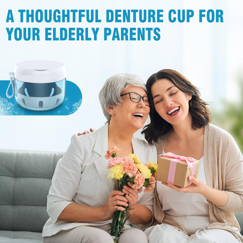 Denture Bath Box Cup, Leak Proof Denture Cup Kit Portable Retainer Case for Travel, Denture Case Cleaning Care for Dentures Aligner Mouth Guard with Denture Brush,Strainer, Removal Tool and Mirror White