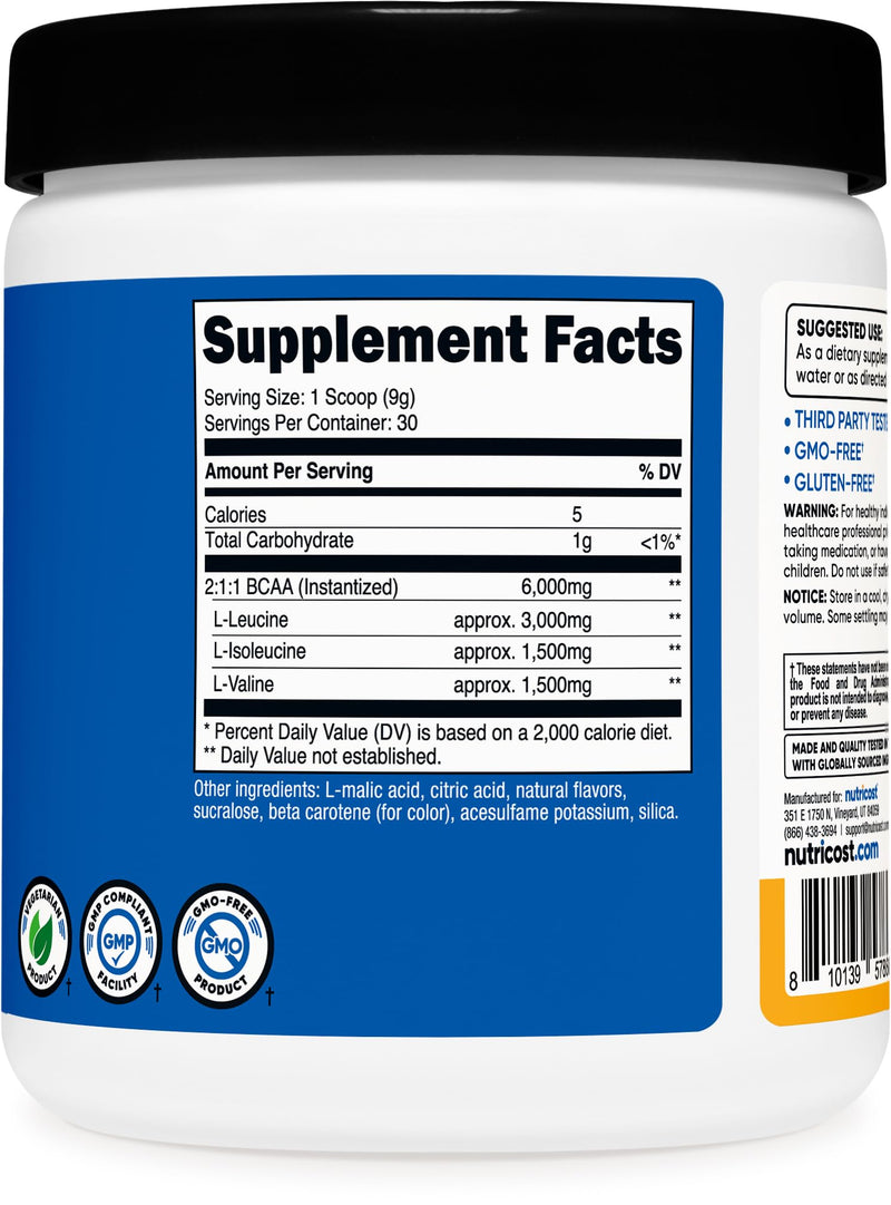 Nutricost BCAA Powder 2:1:1 (Orchard Fruit) - Branch Chain Amino Acids, 6g Per Serving, Vegetarian, GMO-Free, Gluten-Free, 30 Servings