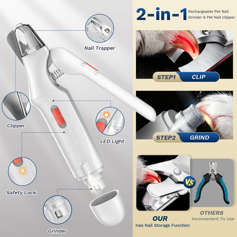 2 in 1 Dog Nail Clippers & Cat Nail Clippers Trimmers for Large Medium Small Dogs Cats Claw Trimmer Quick Sensor and Safety Guard USB Rechargeable Dogs Nail Trimmer with Catcher & 2 LED Lights White