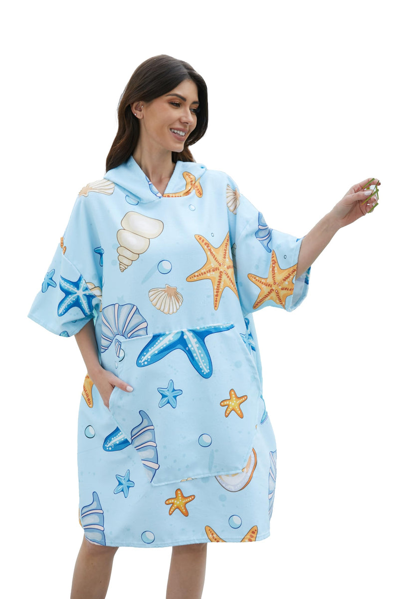 Surf Poncho Hooded Beach Towel Quick Dry, Terry Cloth Changing with Oversize Pockets, Swim Cover Up for Adults Men & Women Surfing Beach Aquatics, Gift for Swimmer Lovers Blue Shell 43.3"L x 33.5"W