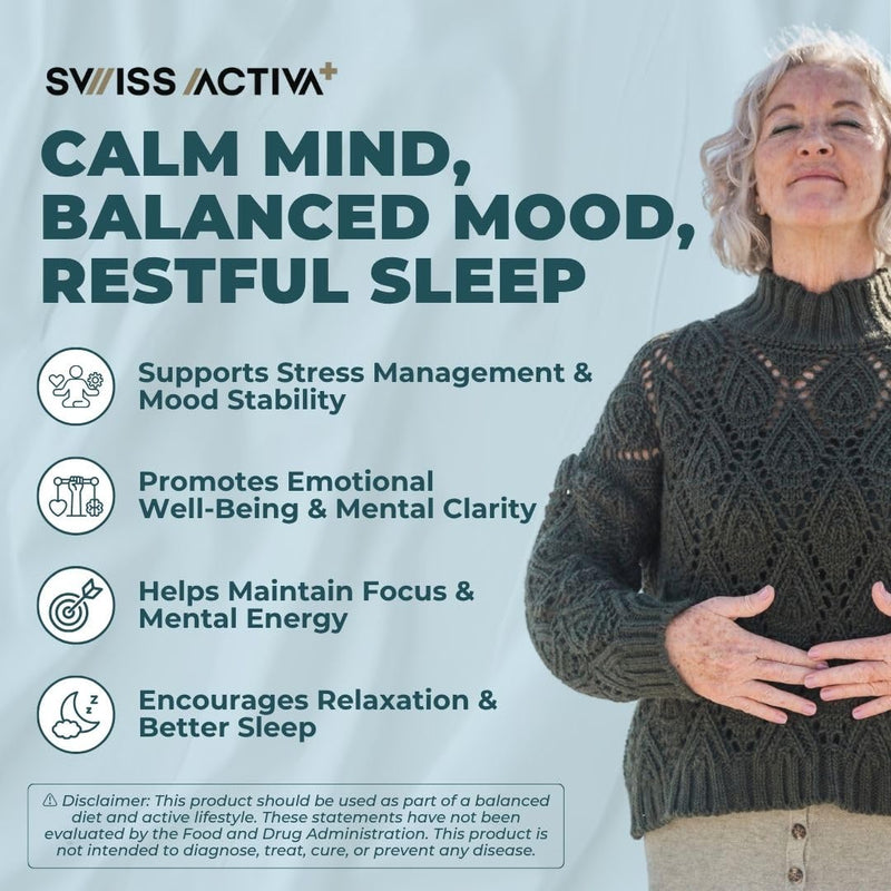 Swiss Activa+ Labs Calm & Stress Support for Women, Ashwagandha & Rhodiola | Relaxation & Mood Balance Support, GABA & L-Theanine, Natural Herbal Supplement for Women, 30 Day Supply 30 Count (Pack of 1)
