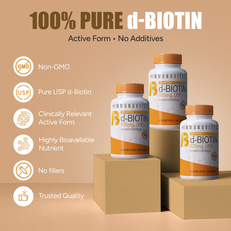 IMMUNOVITES High Dose Biotin (as d-Biotin, USP) 100mg (Equivalent to 100,000mcg) 90 Capsules, High Potency 1