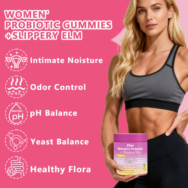 Feminine Vaginal Probiotics Gummies, Supports pH Balance & Digestive Health, Slippery Elm for Women, Suagr-Free, Veagn, Pineapple Flavor, 60 Count Pink-60count