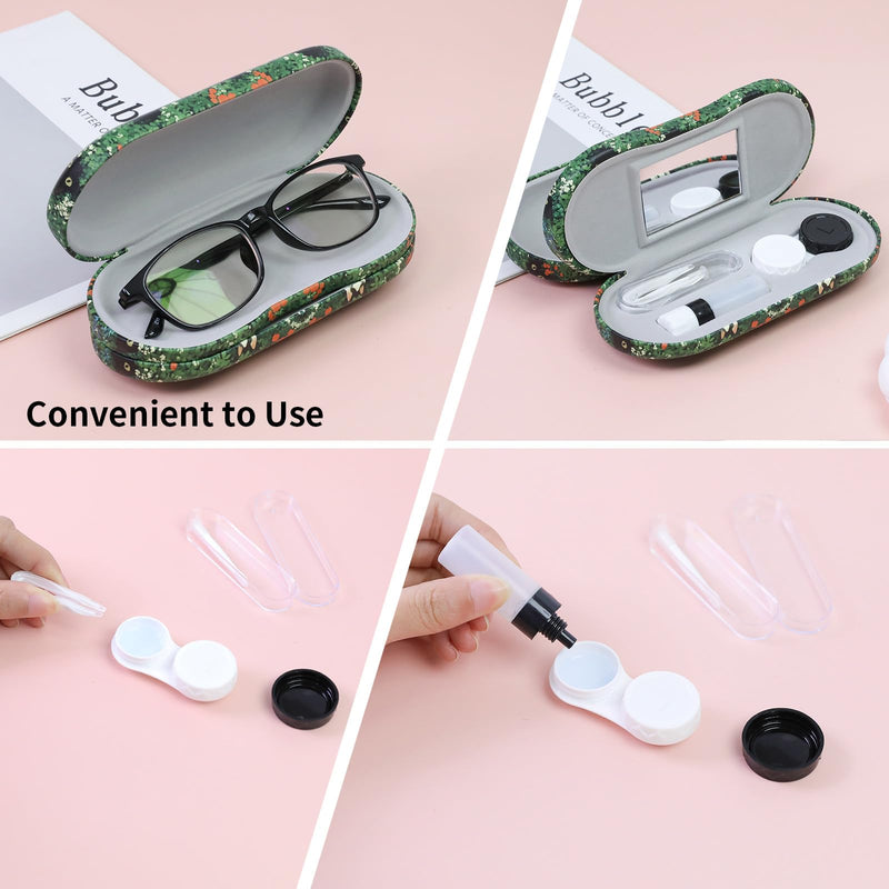 2 in 1 Contact Lens Case and Eyeglasses Case for Women Men Kids, Double Sided Hard Shell Portable Glasses Travel Holder with Built-in Mirror, Contact Lens Box Storage Kit (Green Cat) Green Cat
