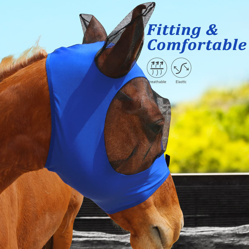 Ultra Lightweight UV-proof Full Visibility Stretchy Horse Fly Mask Azure Blue (L; Full Size) Full (Large) - BeesActive Australia