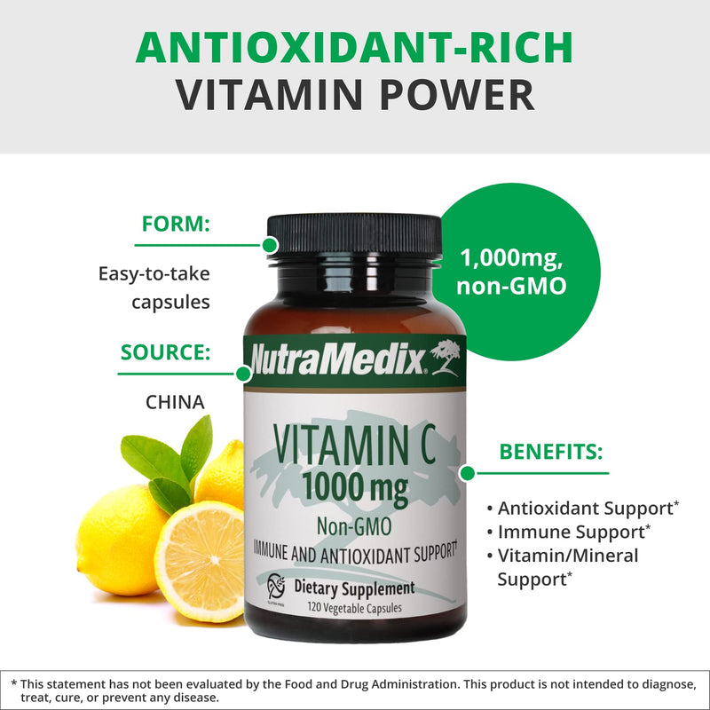 NutraMedix Vitamin C 1000mg - Antioxidants Supplement for Immune Support & Heart Health - Vitamin C from Ascorbic Acid - Vegan, Non-GMO (120 Vegetarian Capsules) 120 Count (Pack of 1)
