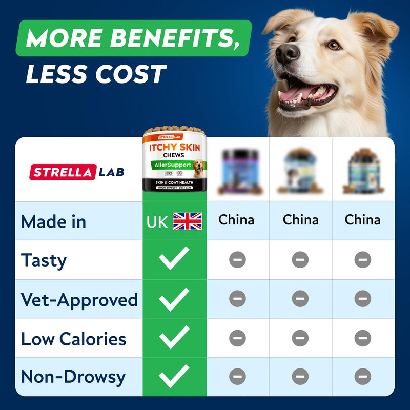 STRELLALAB Allergy Support Chews for Dogs with Omega 3 Fish Oil - Itchy Skin Support Immune Supplement - Skin & Coat Health - Made in UK - Stop Itch & Hot Spots - Pork Flavor - 60ct 60 Soft Chews