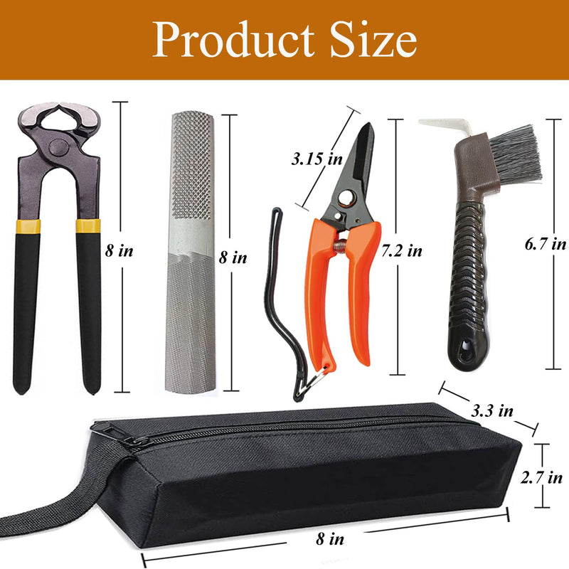 8 inch Horse Farrier Hoof Tool Kits, 5 Piece Professional Farrier Trimming Tools, Mini Hoof Rasp File Hoof Nipper Cutter Metal Hoof Shears and Horse Hoof Pick Brush - BeesActive Australia