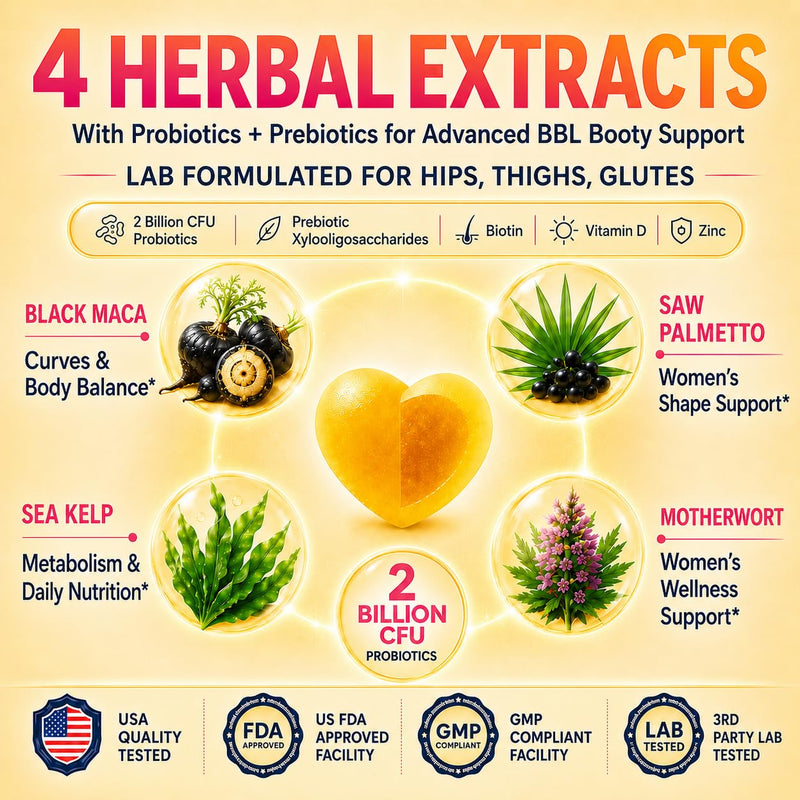 Peach8 BBL Booty Gummies for Womens Hip Butt & Curves 2x Billion Probiotics | Sugar-free vegan formula with black maca, motherwort, saw palmetto & sea kelp 4x herbal supplements, 8x Vitamins gummies 60ct 60 Count (Pack of 1)