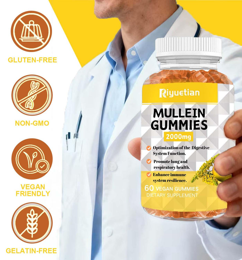 Mullein Gummies, 2000mg Organic Mullein Leaf Extract with Quercetin, Bromelain & Vitamin D3, Mullein Leaf Extract for Respiratory, Natural Lung Cleanse, Improve Appetite, Vegan, Non-GMO, 1 Pack 60 Count (Pack of 1)