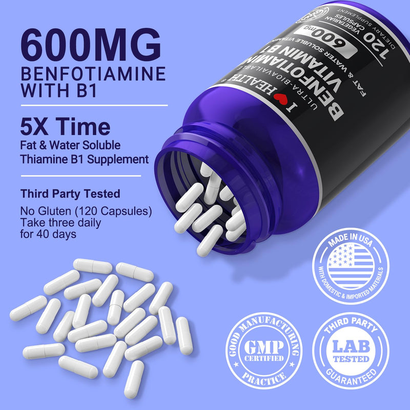 Benfotiamine 600mg Plus 20mg Vitamin B1 | 120 Veggie Capsules | Made in USA | 3rd Party Tested | Fat Soluble Essential Vitamin B1 Thiamine Supplement | Non-GMO | Gluten Free-Vegetarian Friendly Benfotiamine 600mg + 20mg Vitamin B1