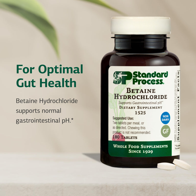 Standard Process Betaine Hydrochloride GI pH Support, 180 Tablets | Supplement for Gastrointestinal pH Support, Support Digestive Health and Iron Absorption, Gluten-Free, Non-Dairy and Non-Soy