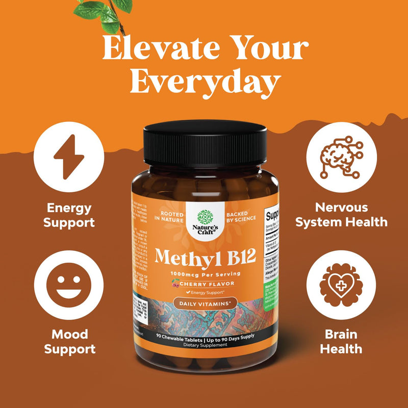 Chewable Vitamin B12 1000mcg for Energy & Mood Support- 90 Count | Cherry methylcobalamin B12 for energy, mood, mental clarity, brain function & skin support