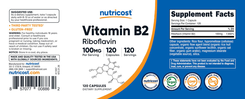 Nutricost Vitamin B2 (Riboflavin) 100mg, 120 Capsules - Gluten Free and Non-GMO (Pack of 3) 120 Count (Pack of 3)