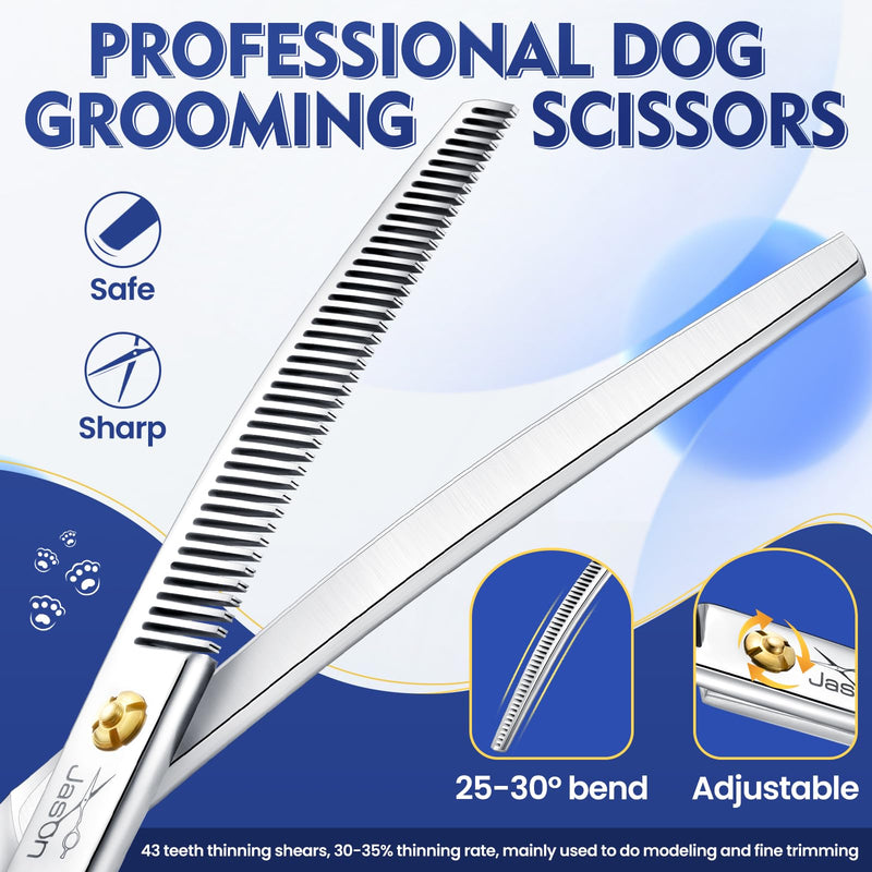 JASON 7.5 inch curved thinning scissors for dogs 43 teeth professional downward curved dog scissors made of Japanese 440C stainless steel grooming scissors with symmetrical handle