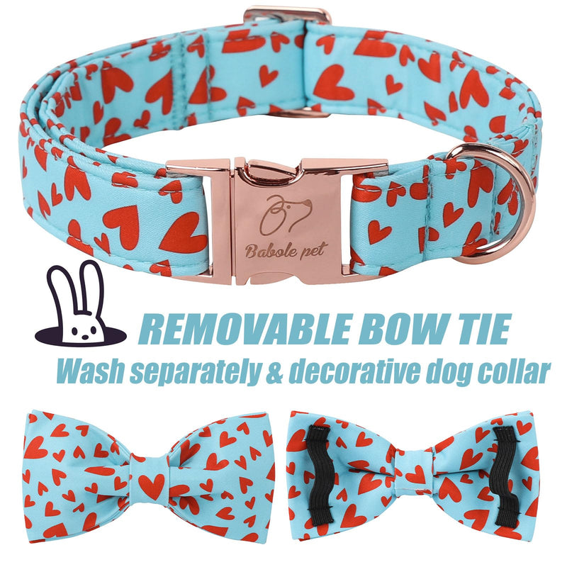 Valentine's Day Dog Collar with Bow - Red Heart Pattern Blue Bowtie Dog Collar Adjustable Heavy Duty Valentines Dog Collars for Small Medium Large Dogs XL B-Blue Red Heart-L - BeesActive Australia