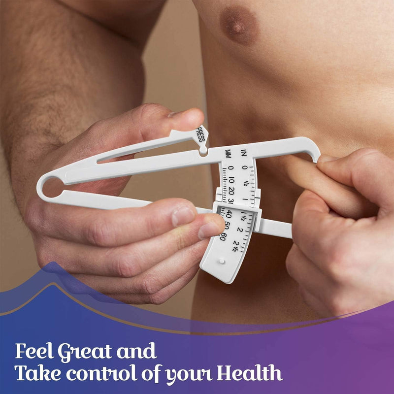 Body Fat Caliper and Measuring Tape for Body - Skinfold Calipers and Body Fat Tape Measure Tool for Accurately Measuring BMI Skin Fold Fitness and Weight-Loss, (White) - BeesActive Australia