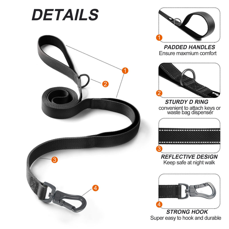 TwoEar 6FT 1IN Strong Black Dog Leash with 2 Padded Handles, Traffic Handle Extra Control, Comfortable Soft Dual Handle, Auto Lock Hook, Reflective Walking Lead for Small Medium and Large Dogs 1 in x 6 ft - BeesActive Australia