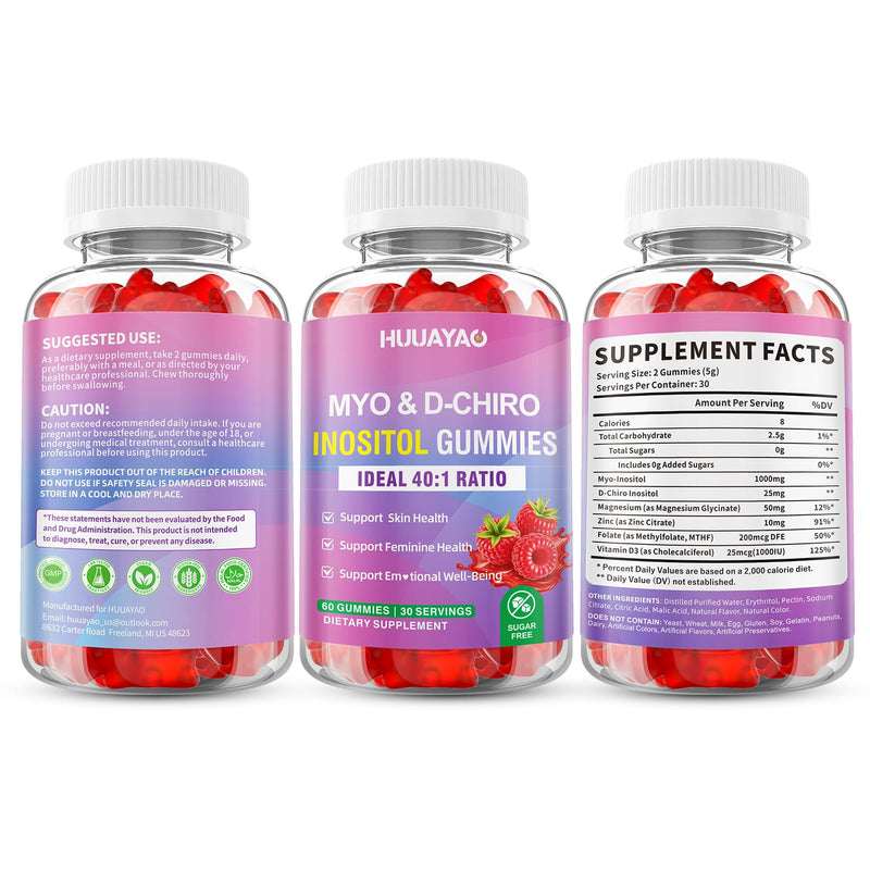 Myo-Inositol & D-Chiro Inositol Gummies, Ideal 40:1 Ratio Inositol Supplement with Vitamin D3, Magnesium Glycinate for Support Hormonal Balance & Wellness, Raspberry Flavor, 60 Count 60 Count (Pack of 1)