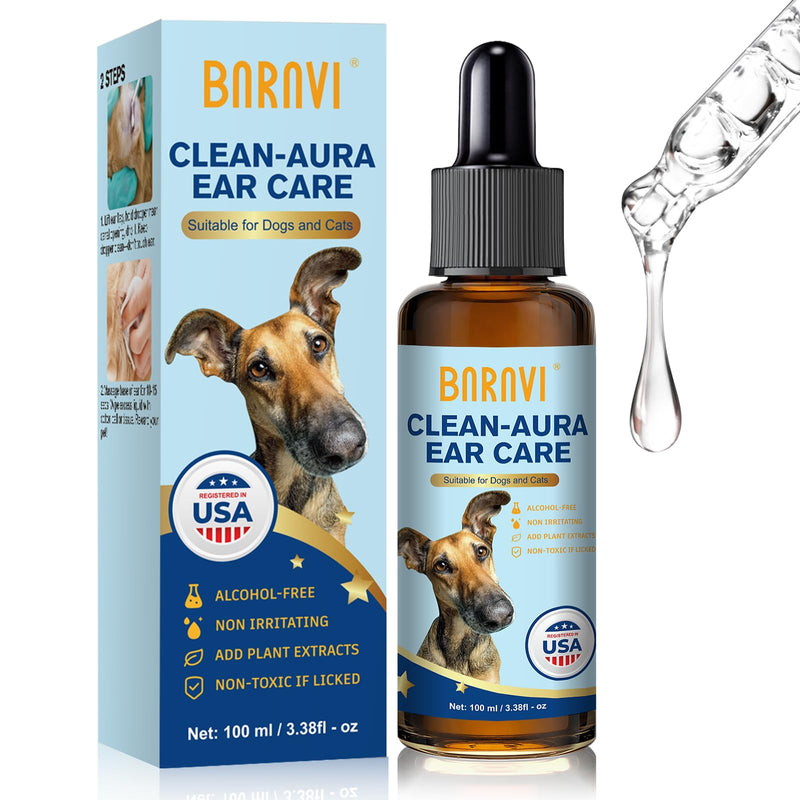 BARAVI Clean Aura Ear Cleaner for Dogs & Cats, 3.38 fl oz (100ml) Natural Formula Nourish & Soothe Pet Ear Care (Blue, S) Blue