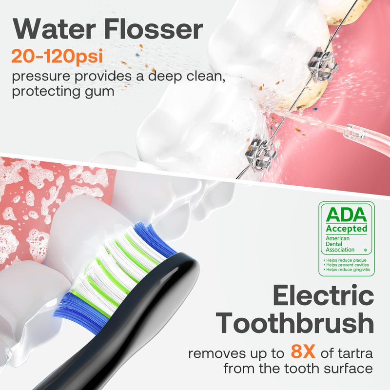 Water Flosser and Electric Toothbrush Combo - Cordless Water Flosser for Teeth - 5 Modes Sonic Electric Toothbrush, 3 Modes Portable Water Floss… Coal Black