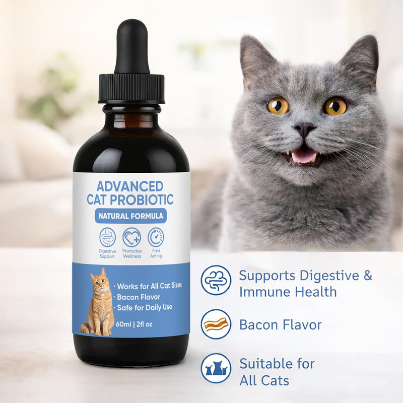 Advanced Probiotic Drops for Cats - Supports Digestive & Immune Health - Easy-to-Use Liquid Formula, Bacon Flavor, Works for All Cat Sizes - 2oz (1) 1