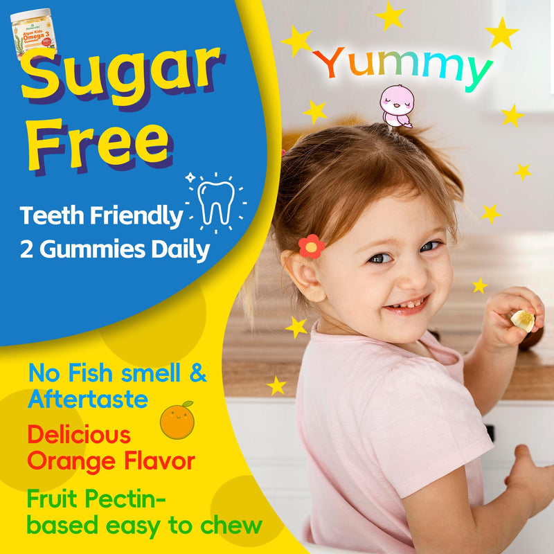 Algae Omega 3 Gummies for Kids - 500mg with DHA, Phosphatidylserine, Vitamin D3 & K2 - Sugar Free DHA Supplement for Brain& Eye - Fish Oil Alternative - Vegan, 60 Count 60 Count (Pack of 1)