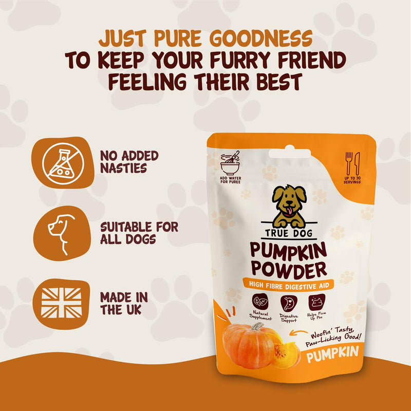 True Dog Pumpkin Powder for Dogs (250g - Up to 30 Servings) Dog Food Topper with Vitamin A and Fibre for Dogs, Firms Up Stools and Supports Eye Health - Natural Pet Supplement