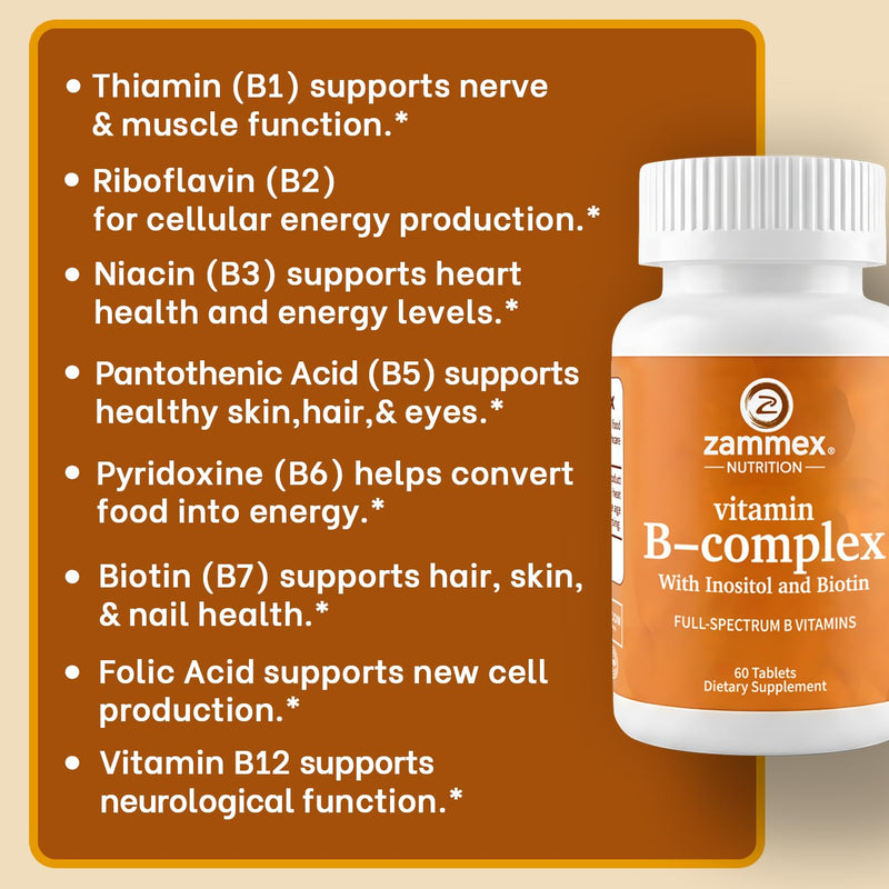 Zammex Vitamin B Complex with Inositol and Biotin – Full Spectrum B Vitamins B1 B2 B3 B6 B12 Non-GMO · Vegan-Friendly – 60 Tablets
