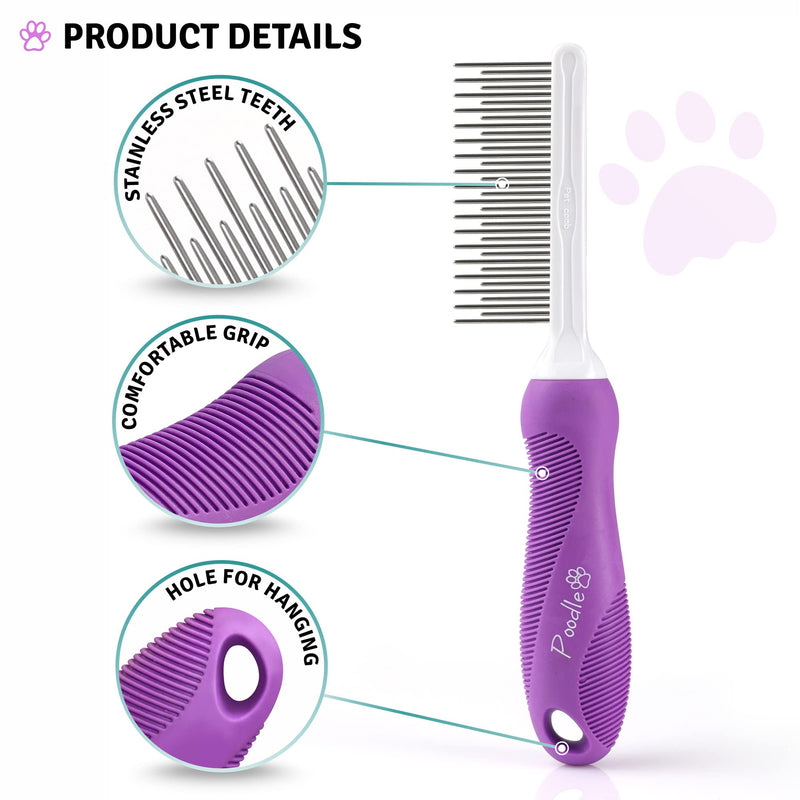Poodle Pet Detangling Pet Comb with Long & Short Stainless Steel Teeth for Removing Matted Fur, Knots & Tangles – Detangler Tool Accessories for Safe & Gentle DIY Dog & Cat Grooming Purple - BeesActive Australia