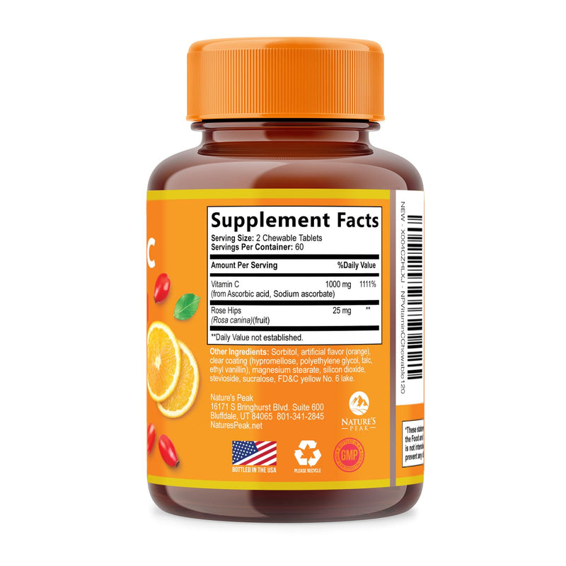 Vitamin C 1000mg Per Serving - Extra Strength Daily Immune Support with Rose Hips Chewable Supplement - Sugar Free Tasty Orange Flavor - Antioxidant & Collagen Support - USA Bottled - 120 Tablets 120 Count (Pack of 1)