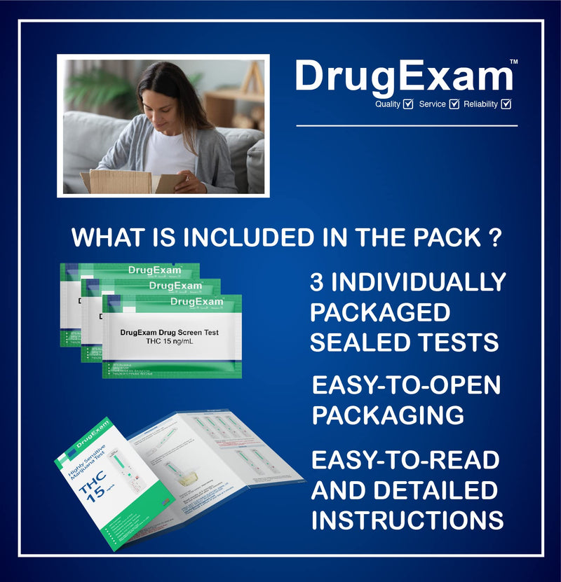 3 Pack - DrugExam Made in USA Most Sensitive Marijuana THC 15 ng/mL Single Panel Drug Test Kit - Marijuana Drug Test with 15 ng/mL Cutoff Level for Detecting Any Form of THC 3 - BeesActive Australia